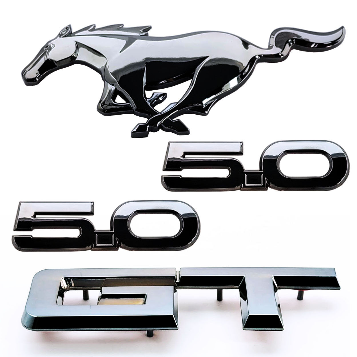 2015 - Present Mustang Black Chrome Set Emblem in Low Light