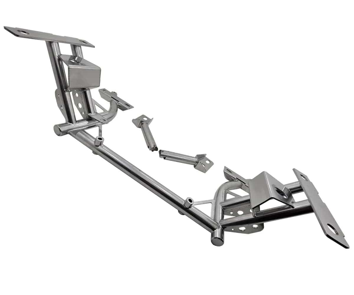 UPR K-Member installed view showing integrated engine mounts and TIG welds