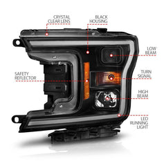 ANZO 2018-2020 Ford F-150 Projector Headlight w/ Plank Style Switchback Black Housing