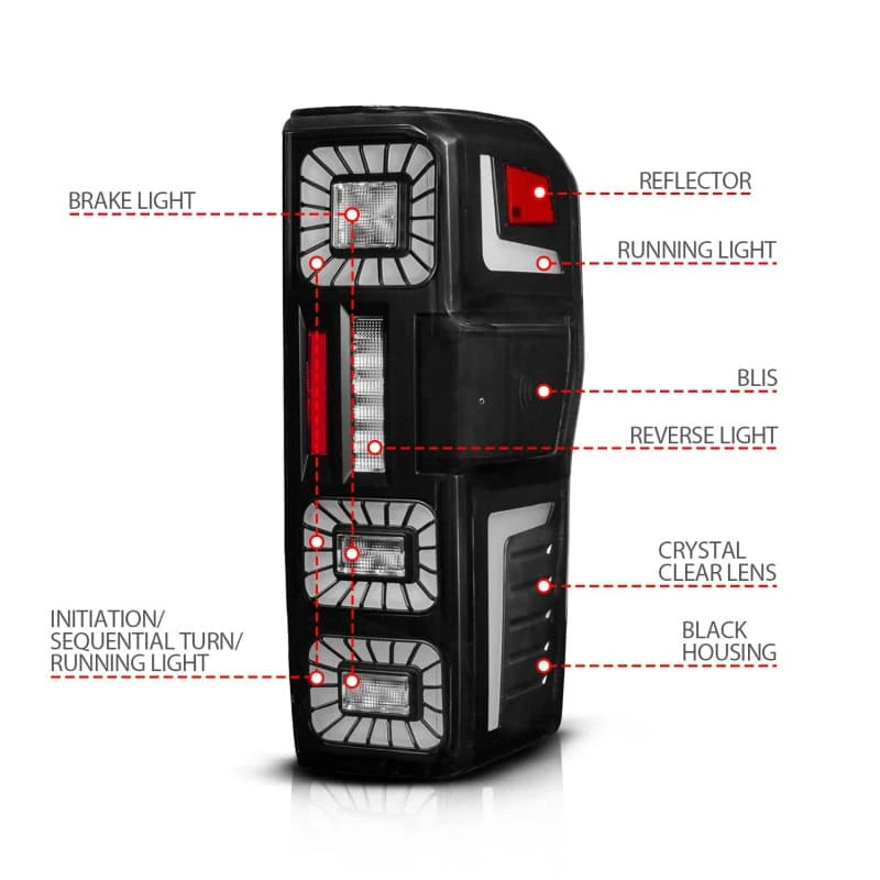 ANZO 23-26 Ford Super Duty LED Tail Light Seq Signal- Black Full- Pair