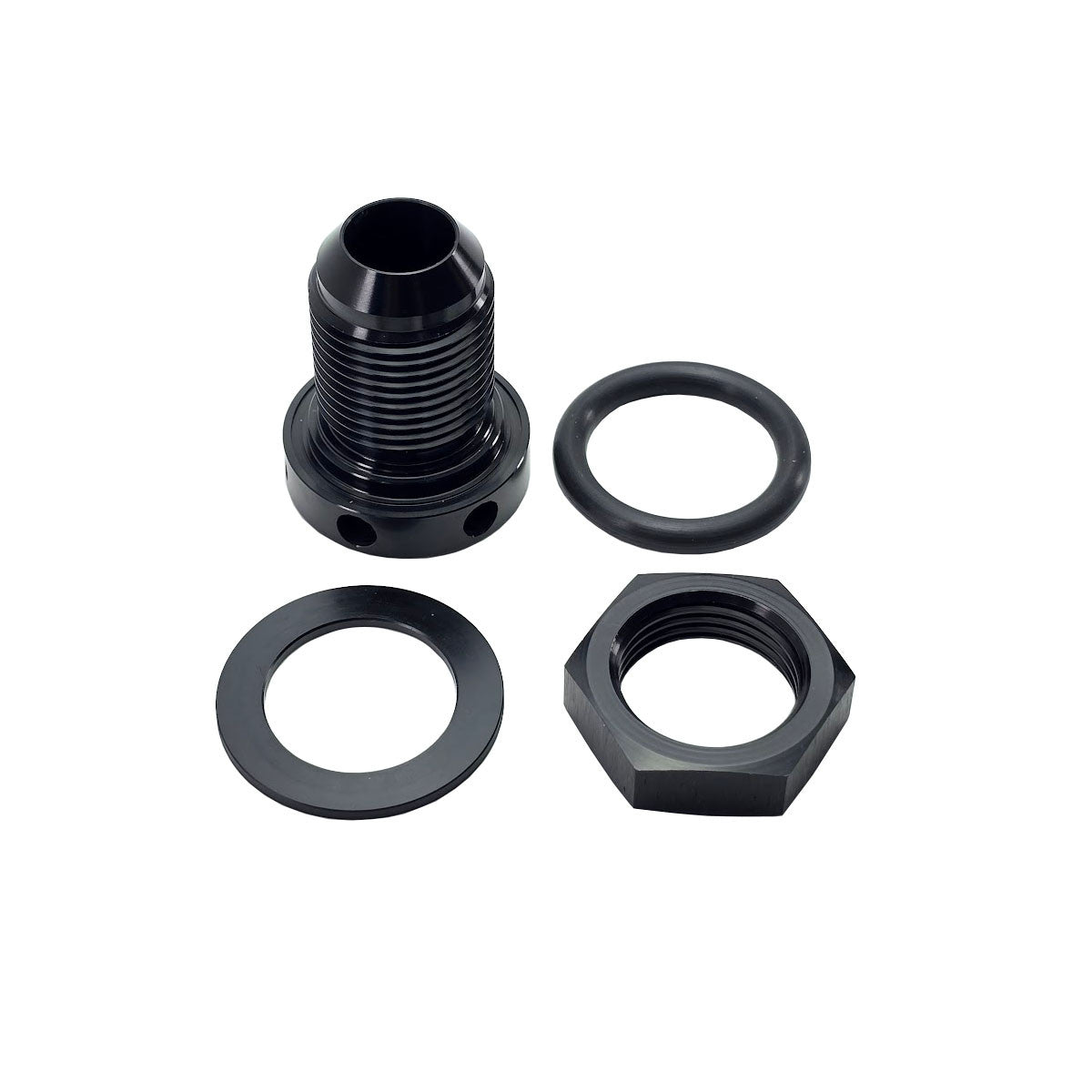 Vented Valve Cover Fitting exploded view with Black Anodized Finish [5045-31]