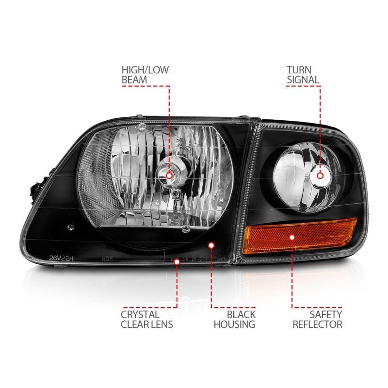 Black Reflector Headlight Assembly Pair For 1998-1999 Ford Taurus – DOT/SAE, Halogen