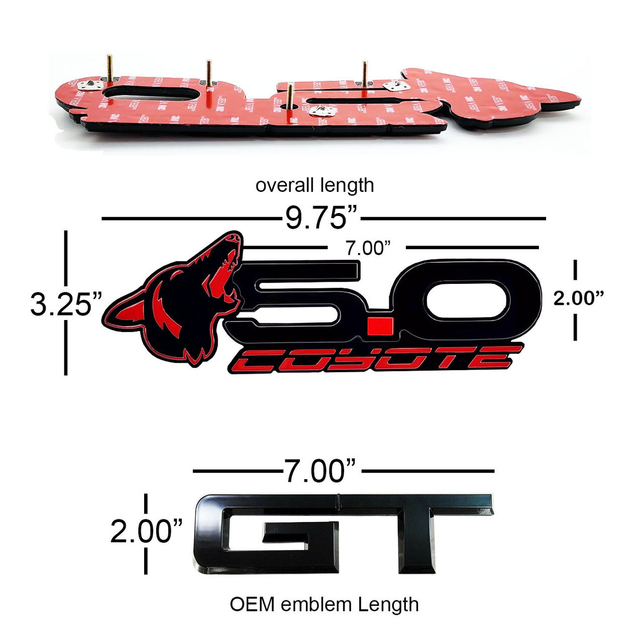 Howling Coyote 5.0 Rear Decklid Emblem Left Coyote - Red - Fits Mustang & Universal - AMP-85101-20
9.75" Long x 3.25 Tall x . 200 Thick