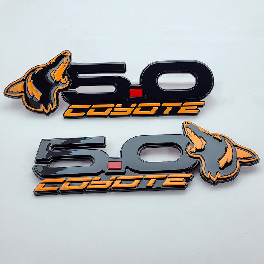 2015-2023 Coyote 5.0 Mustang Fender Emblems (BLACK/FURY ORANGE) AMP-85101-54