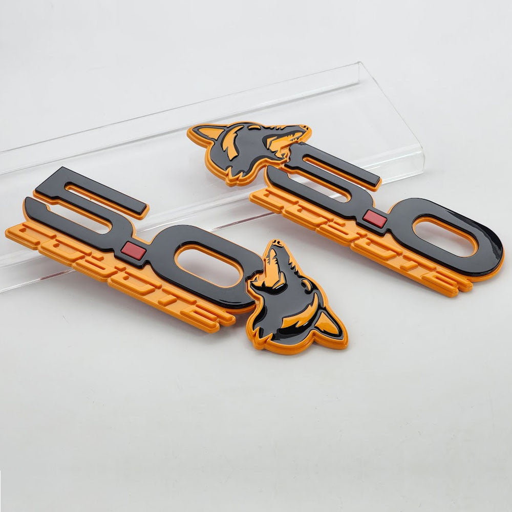 2015-2023 Coyote 5.0 Mustang Fender Emblems (FURY ORANGE/BLACK) AMP-85101-43