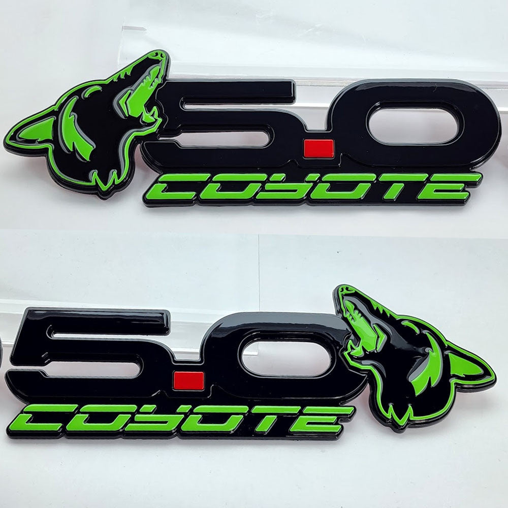 2015-2023 Coyote 5.0 Mustang Fender Emblems (BLACK/LIME GREEN) AMP-85101-64