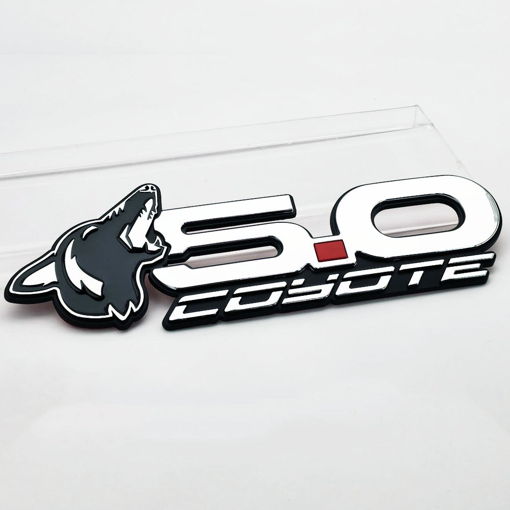 Howling Coyote 5.0 Rear Decklid Emblem Installed - Chrome 5.0 - Fits Mustang & Universal - AMP-85101-82