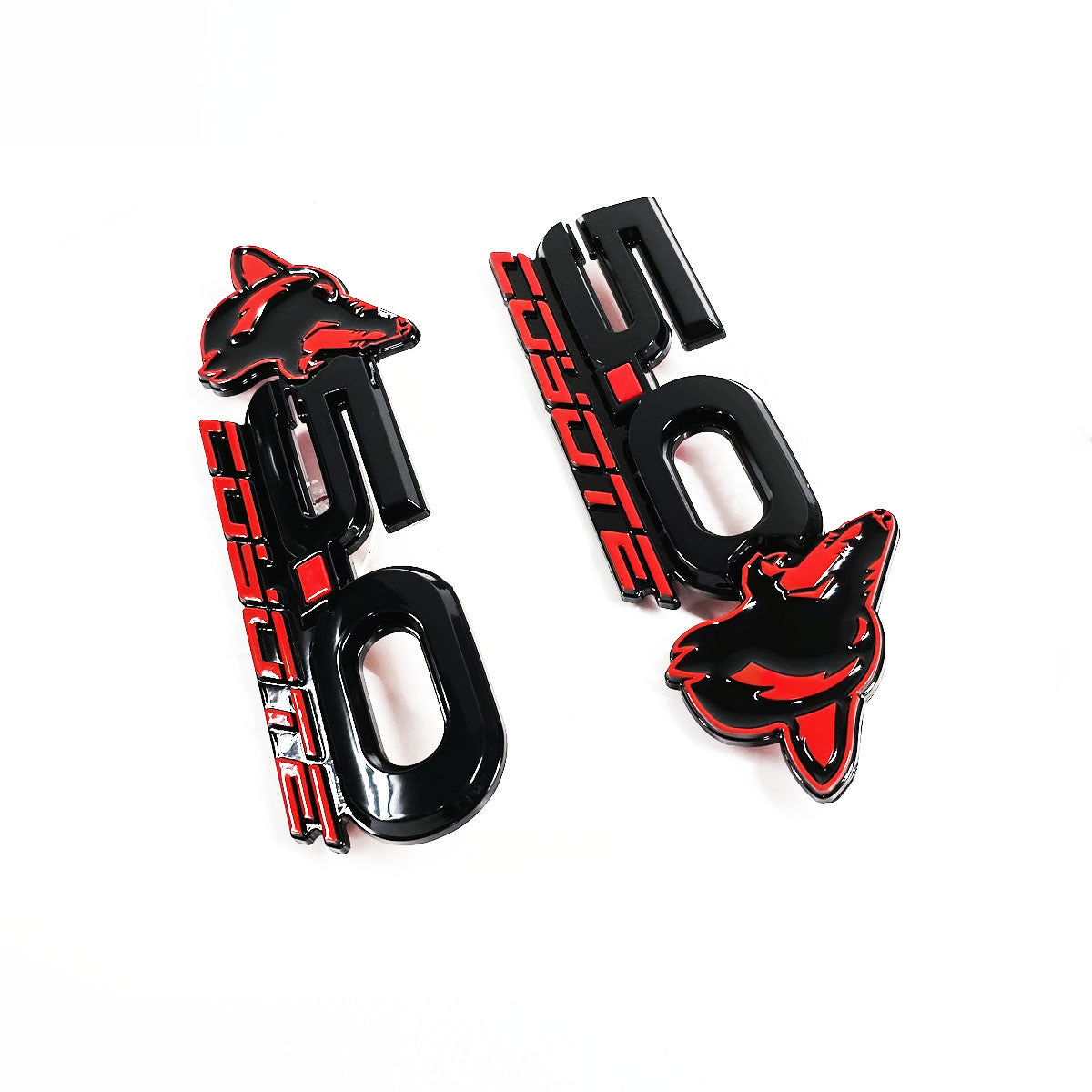 2015-2023 Coyote 5.0 Mustang Fender Emblems (BLACK/RED) AMP-85101-12 / AMP-85101-89