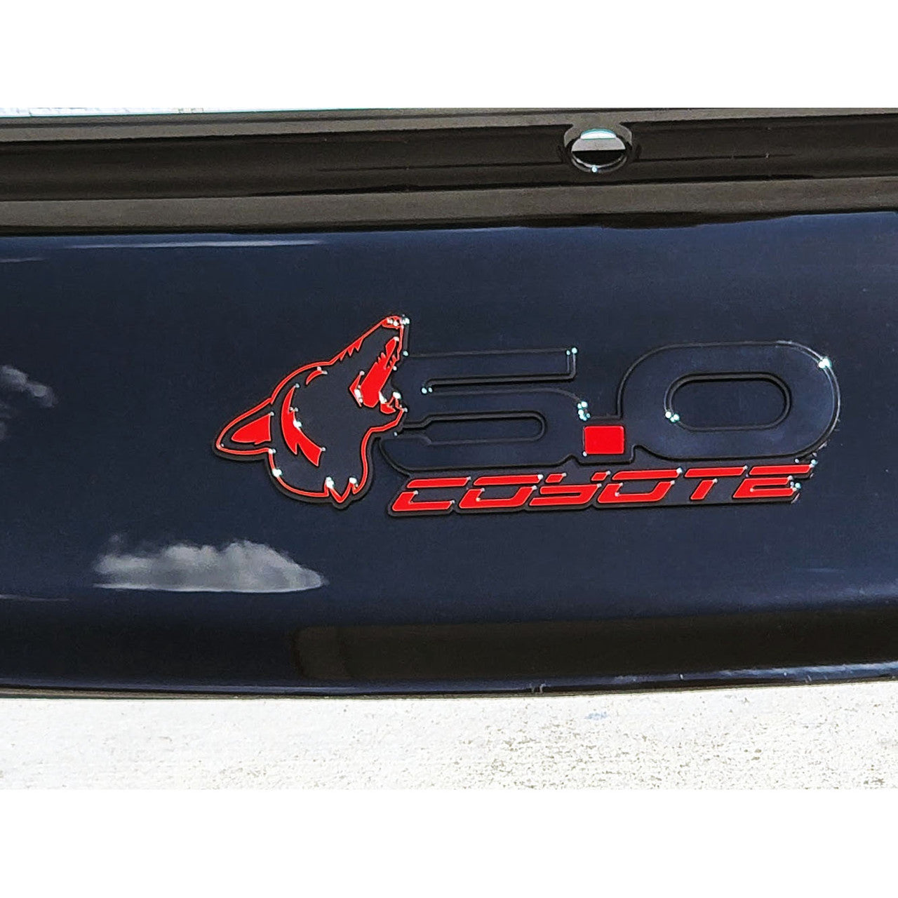 Howling Coyote 5.0 Rear Decklid Emblem Left Coyote - Red - Fits Mustang & Universal - AMP-85101-20