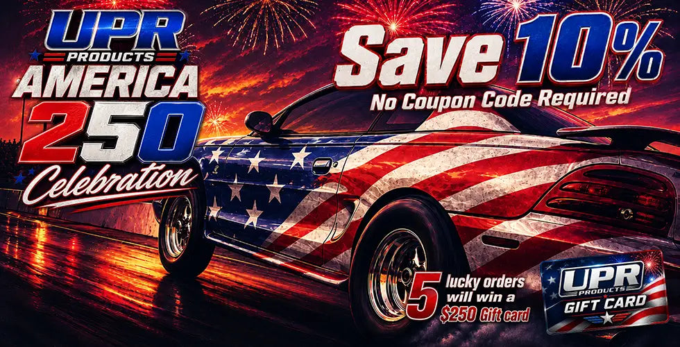 Promotional graphic for UPR Products with a car design, fireworks, and text about a 10% discount and gift card offer.